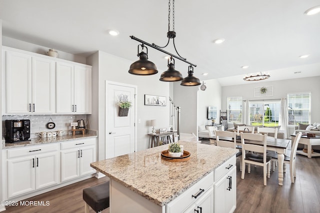 21 Gulfstream Rd, New Egypt, NJ 08533 - kitchen featuring open floor plan, white cabinetry, dark wood-type flooring, decorative backsplash, and recessed lighting
