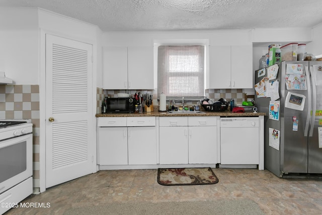 269 Port Monmouth Rd, North Middletown, NJ 07748 - kitchen featuring white appliances, a sink, white cabinetry, decorative backsplash, and a textured ceiling