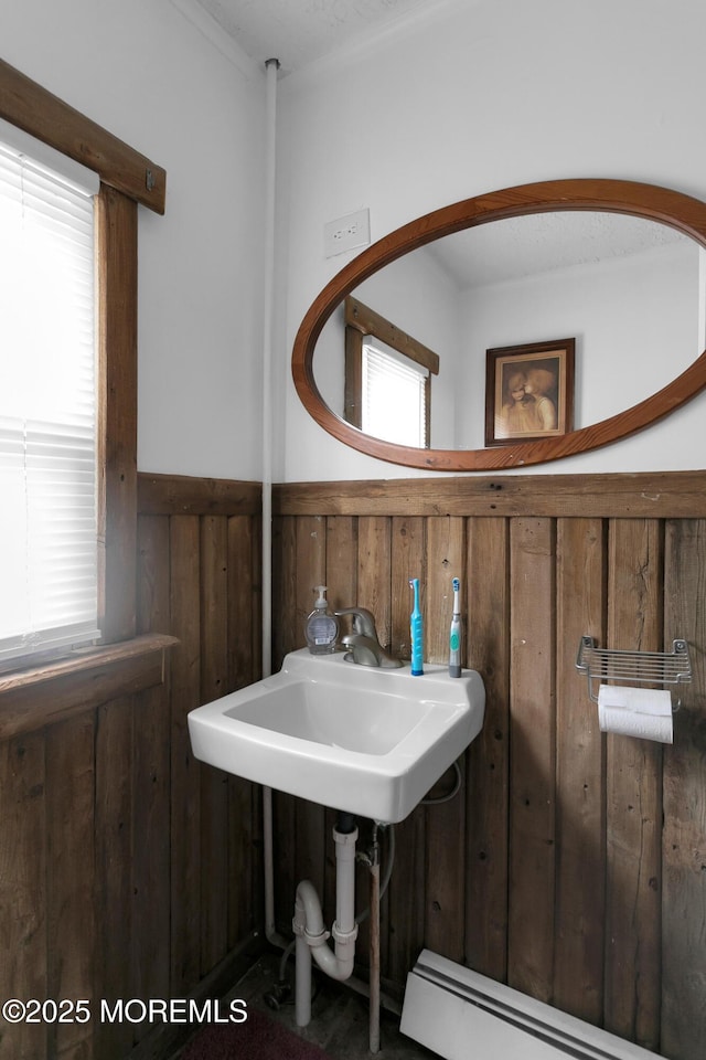 269 Port Monmouth Rd, North Middletown, NJ 07748 - bathroom with wainscoting, a baseboard heating unit, and wooden walls