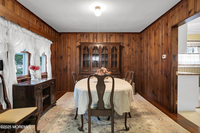 30 Balloch Pl, Red Bank, NJ 07701 - dining room featuring wooden walls, light wood-style flooring, and ornamental molding