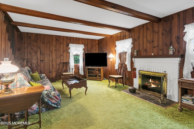 30 Balloch Pl, Red Bank, NJ 07701 - carpeted living room featuring beamed ceiling, wooden walls, and a fireplace