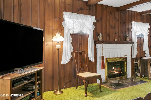 30 Balloch Pl, Red Bank, NJ 07701 - living room featuring beamed ceiling, wooden walls, and a brick fireplace