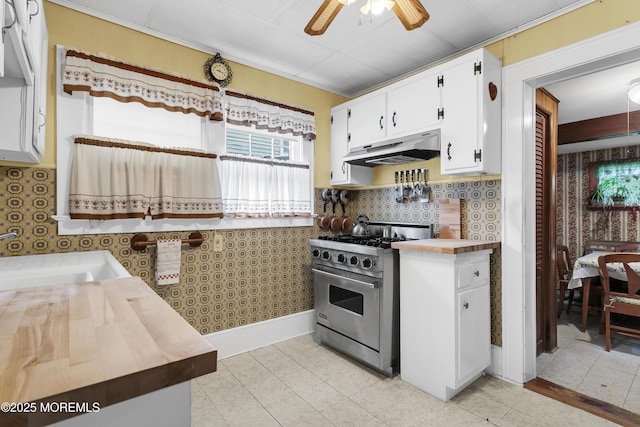 30 Balloch Pl, Red Bank, NJ 07701 - kitchen featuring under cabinet range hood, premium stove, wallpapered walls, ceiling fan, and a sink