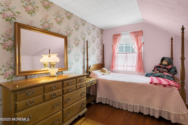 30 Balloch Pl, Red Bank, NJ 07701 - bedroom featuring dark wood-style floors, wallpapered walls, and vaulted ceiling