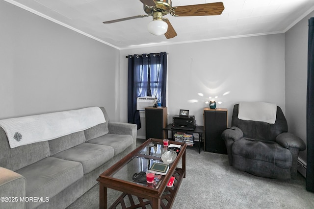 289 Port Monmouth Rd, North Middletown, NJ 07748 - living room with carpet floors, ornamental molding, ceiling fan, and baseboard heating