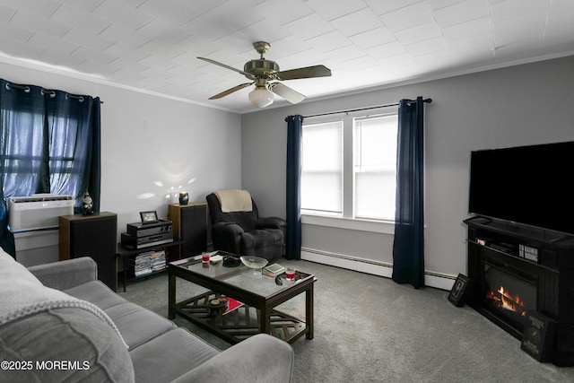 289 Port Monmouth Rd, North Middletown, NJ 07748 - carpeted living room with crown molding, a baseboard radiator, a ceiling fan, a glass covered fireplace, and cooling unit