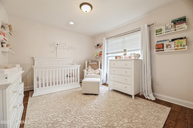 40 Dickerson Ln, Old Bridge, NJ 08857 - bedroom with wood finished floors, a crib, baseboards, and recessed lighting