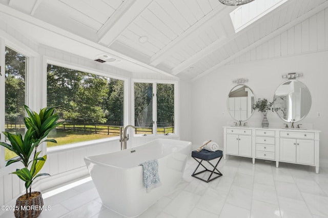 8 Olden Ct, Colts Neck, NJ 07722 - full bath with double vanity, a freestanding tub, and wood ceiling