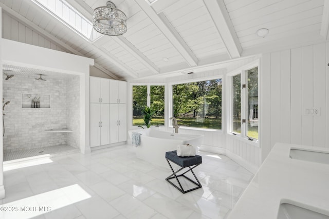 8 Olden Ct, Colts Neck, NJ 07722 - full bathroom featuring a freestanding tub, a shower stall, and marble finish flooring