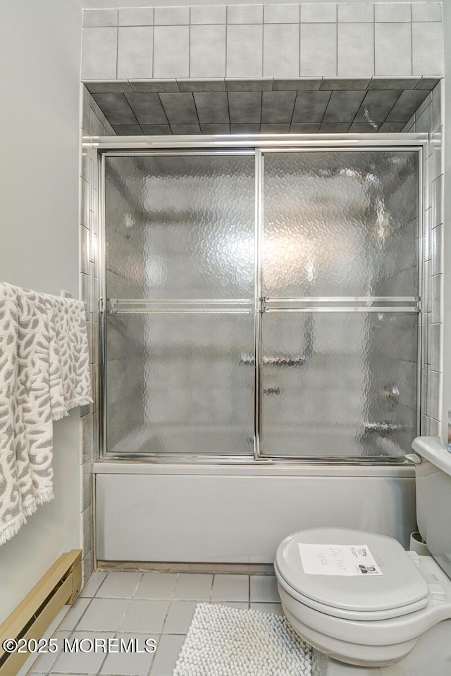 2 Thames Pl, Brick, NJ 08723 - full bathroom featuring baseboard heating, toilet, bath / shower combo with glass door, and tile patterned floors