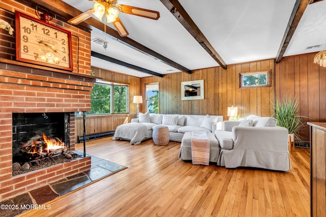 162 Delaware Ave, Atlantic Highlands, NJ 07716 - living area with beamed ceiling, healthy amount of natural light, hardwood / wood-style floors, ceiling fan, and wooden walls