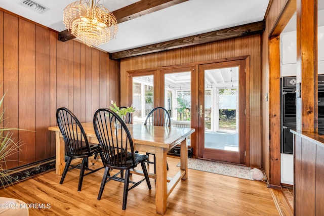 162 Delaware Ave, Atlantic Highlands, NJ 07716 - dining area with wooden walls, a chandelier, light wood finished floors, and beam ceiling