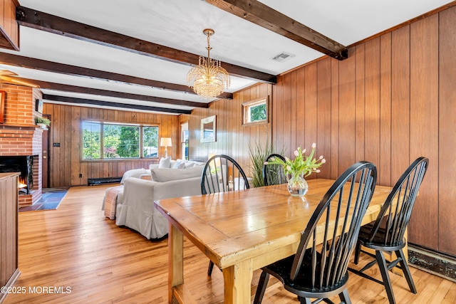 162 Delaware Ave, Atlantic Highlands, NJ 07716 - dining area with light wood-style floors, a chandelier, plenty of natural light, wooden walls, and a fireplace