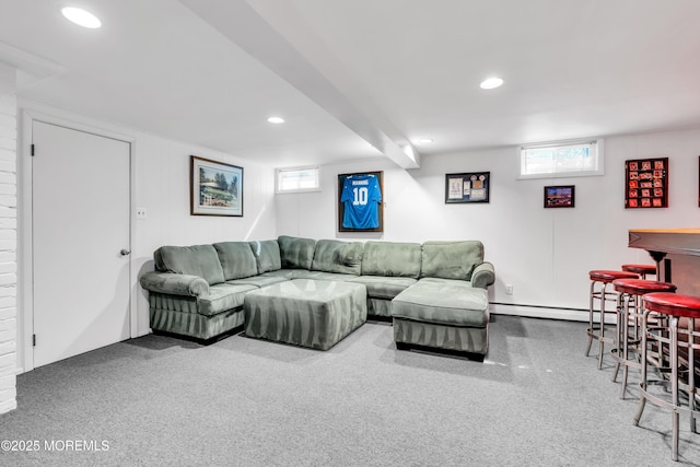 162 Delaware Ave, Atlantic Highlands, NJ 07716 - carpeted living area featuring a baseboard radiator, recessed lighting, and beamed ceiling