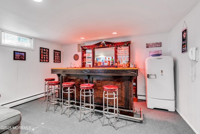 162 Delaware Ave, Atlantic Highlands, NJ 07716 - indoor dry bar featuring baseboard heating, carpet, white refrigerator, and recessed lighting