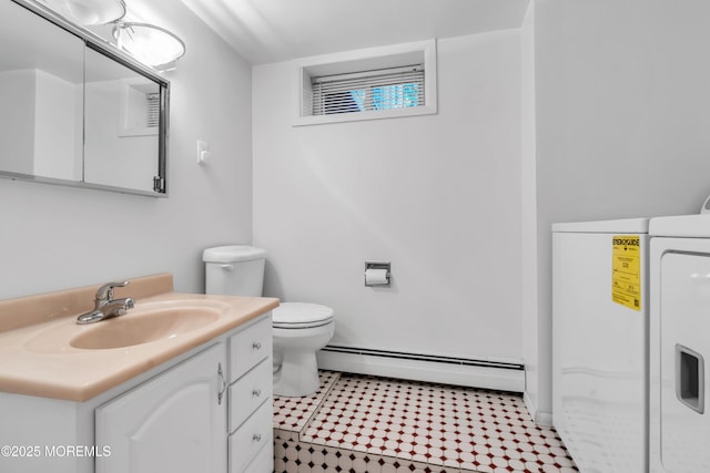 162 Delaware Ave, Atlantic Highlands, NJ 07716 - bathroom with a baseboard radiator, vanity, toilet, washer / dryer, and tile patterned floors