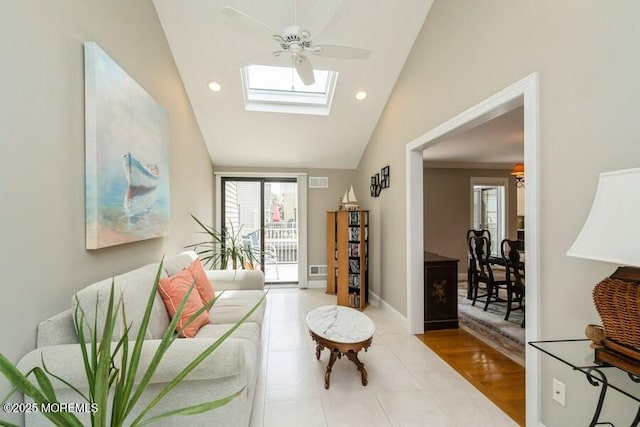 580 Patten Ave # 53, Long Branch, NJ 07740 - living area featuring lofted ceiling, a skylight, recessed lighting, tile patterned flooring, and a ceiling fan