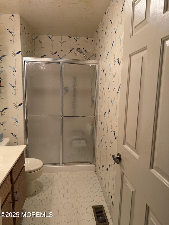 145A Concordia Cir, Monroe, NJ 08831 - full bath featuring vanity, wallpapered walls, toilet, and a shower stall
