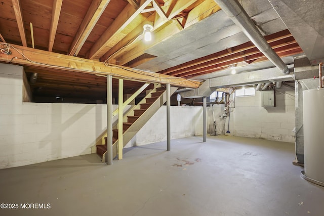27 Sargent Rd, Freehold, NJ 07728 - below grade area featuring electric panel, stairs, and water heater