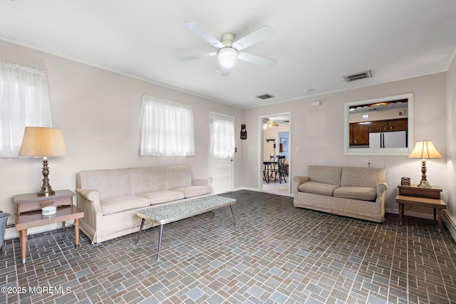 24 Heidl Ave, West Long Branch, NJ 07764 - living room with ceiling fan, baseboards, brick patterned floors, and crown molding