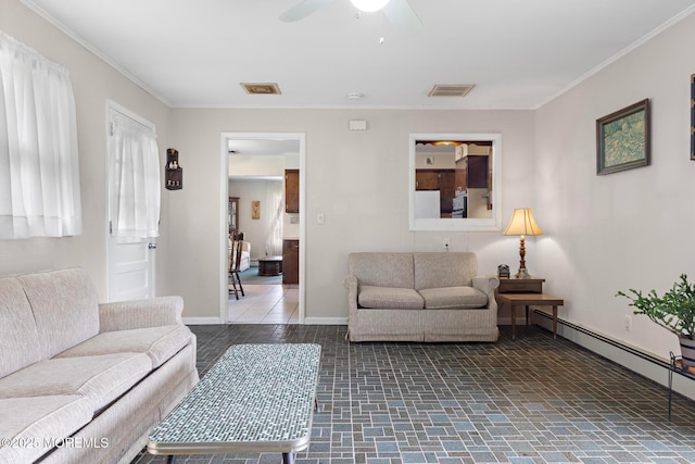 24 Heidl Ave, West Long Branch, NJ 07764 - living area featuring baseboards, ornamental molding, a ceiling fan, and a baseboard radiator