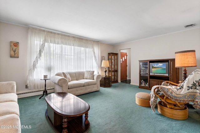 24 Heidl Ave, West Long Branch, NJ 07764 - living area with baseboard heating, carpet floors, and crown molding
