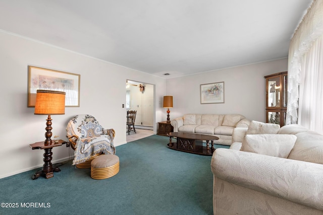 24 Heidl Ave, West Long Branch, NJ 07764 - living room with carpet flooring, a baseboard heating unit, and crown molding
