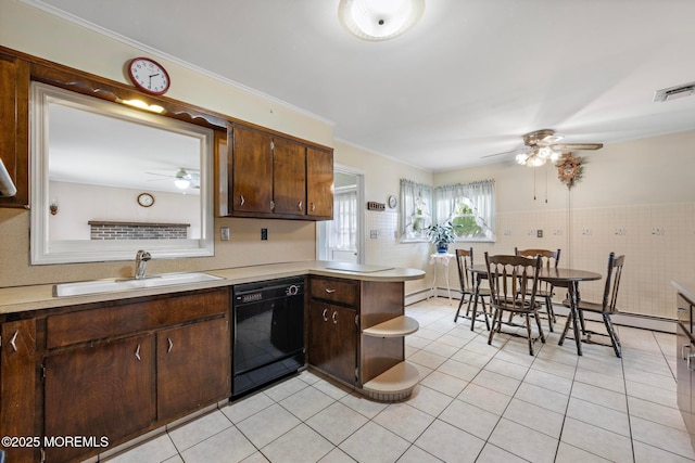 24 Heidl Ave, West Long Branch, NJ 07764 - kitchen featuring dishwasher, ceiling fan, a sink, a peninsula, and tile walls