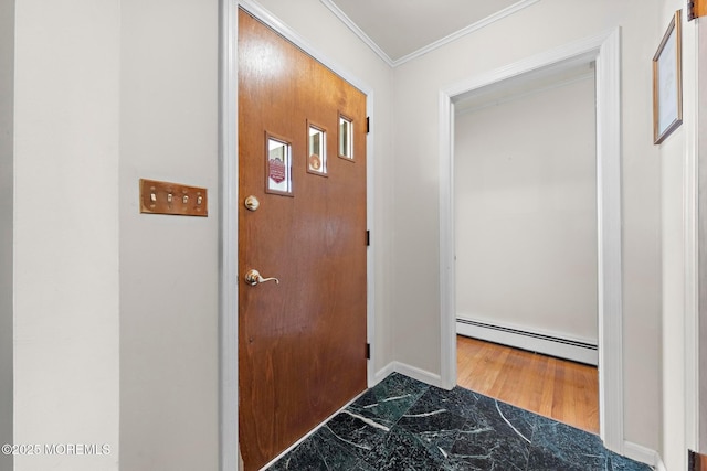 24 Heidl Ave, West Long Branch, NJ 07764 - entryway with baseboard heating, ornamental molding, marble finish flooring, and baseboards