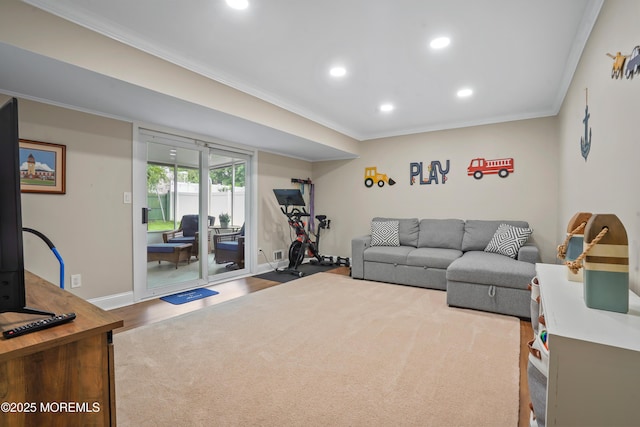 70 Walnut Ave, Red Bank, NJ 07701 - living area featuring ornamental molding, recessed lighting, baseboards, and wood finished floors