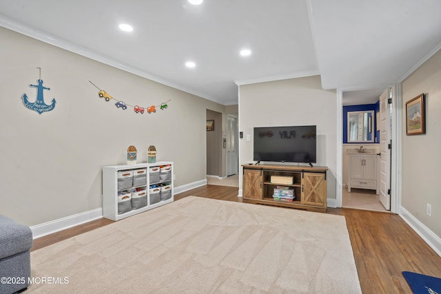 70 Walnut Ave, Red Bank, NJ 07701 - living area featuring ornamental molding, wood finished floors, baseboards, and recessed lighting
