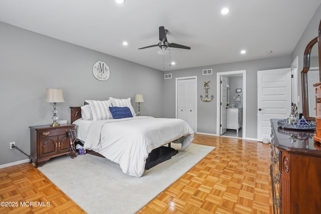 70 Walnut Ave, Red Bank, NJ 07701 - bedroom featuring baseboards, recessed lighting, ensuite bath, a closet, and a ceiling fan