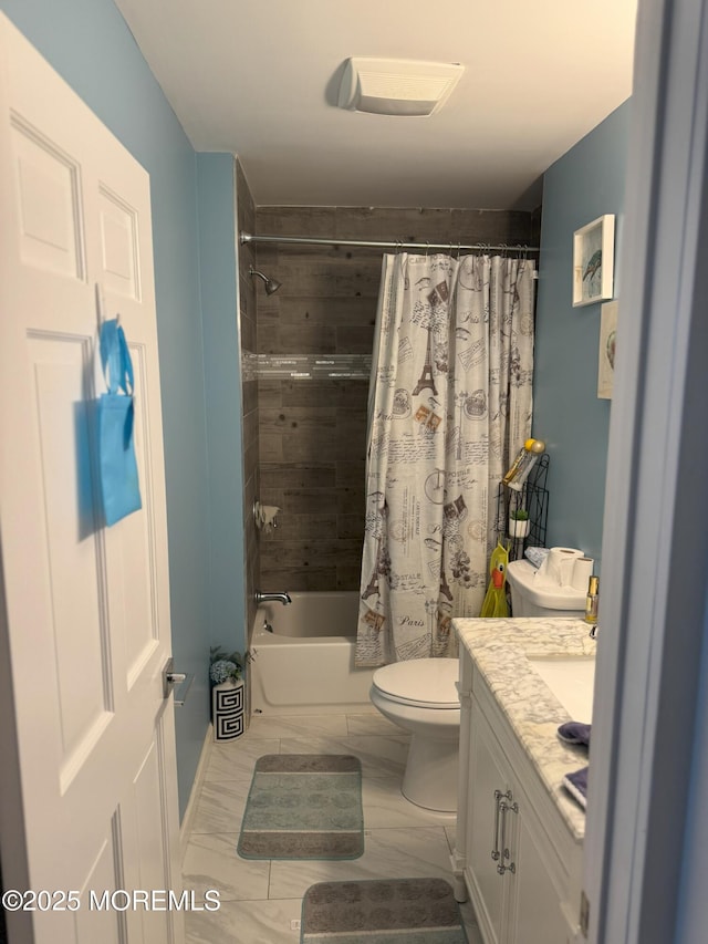 279 Washington St, Keyport, NJ 07735 - bathroom featuring toilet, vanity, shower / tub combo, and marble finish flooring