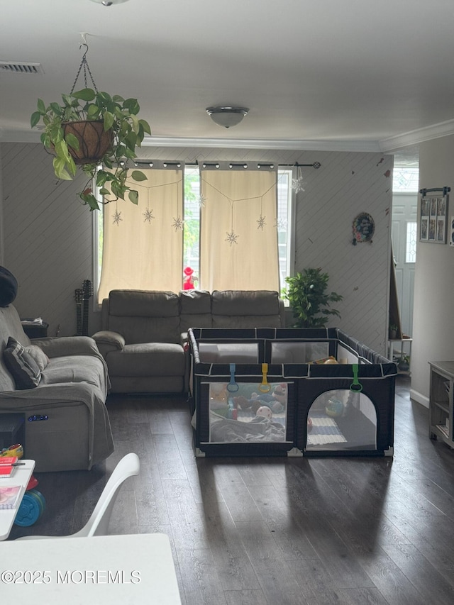 279 Washington St, Keyport, NJ 07735 - living room featuring crown molding, hardwood / wood-style floors, and wooden walls