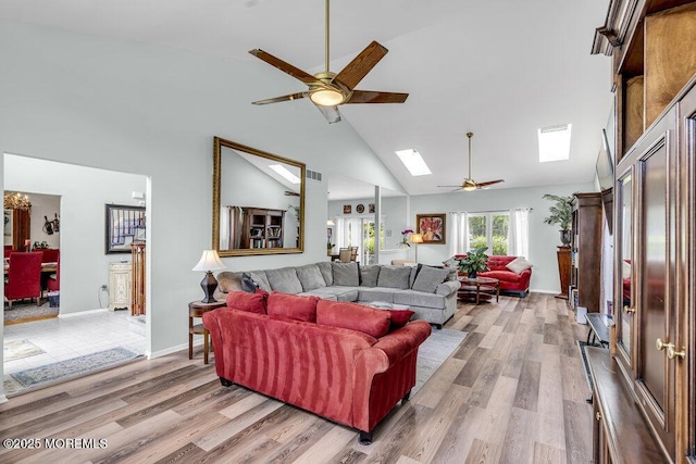 1771 Calico Ln, Toms River, NJ 08753 - living room featuring ceiling fan, high vaulted ceiling, a skylight, light wood-style flooring, and baseboards