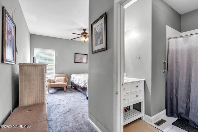 1771 Calico Ln, Toms River, NJ 08753 - bathroom featuring ceiling fan, vanity, a shower with shower curtain, connected bathroom, and baseboards