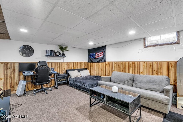 1771 Calico Ln, Toms River, NJ 08753 - carpeted living area with wooden walls, a wainscoted wall, a paneled ceiling, and recessed lighting