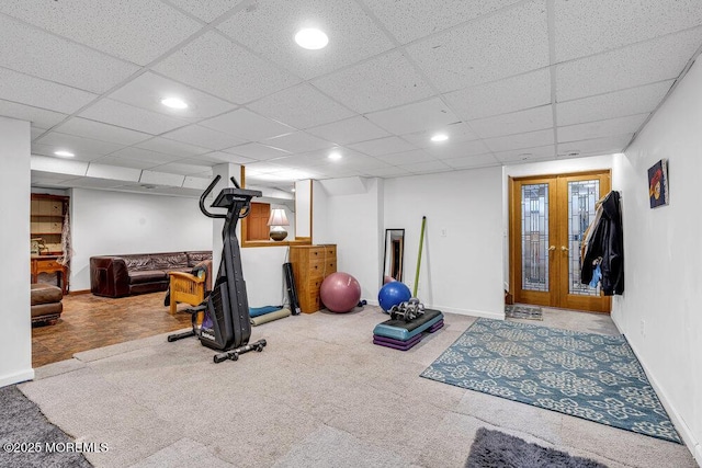 1771 Calico Ln, Toms River, NJ 08753 - exercise room featuring carpet flooring, baseboards, recessed lighting, french doors, and a paneled ceiling