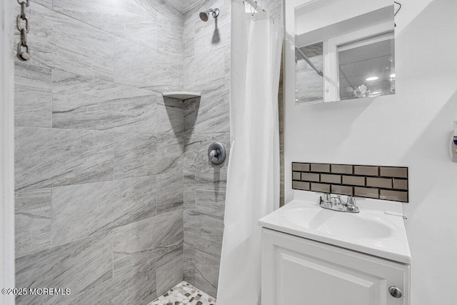 1771 Calico Ln, Toms River, NJ 08753 - full bathroom featuring tiled shower, vanity, and decorative backsplash