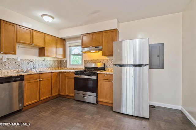 706 Tide Pl, Neptune Township, NJ 07753 - kitchen with appliances with stainless steel finishes, under cabinet range hood, electric panel, and backsplash