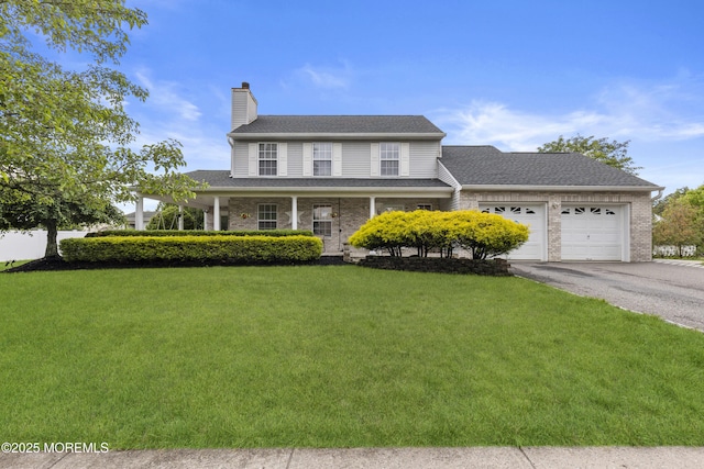 39 Sarah Ln, Howell, NJ 07731 - view of front of house featuring a front yard, asphalt driveway, a chimney, a garage, and brick siding