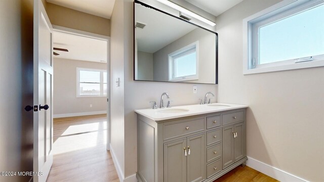 6 Lake Superior Dr, Little Egg Harbor, NJ 08087 - bathroom featuring wood finished floors, double vanity, and ceiling fan