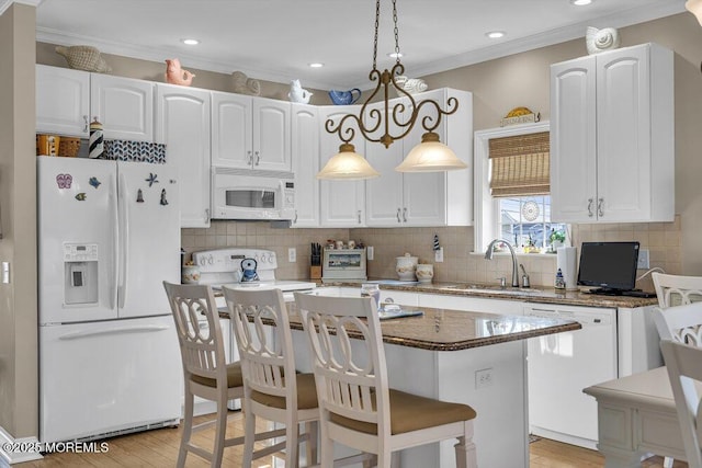 200 San Fernando Dr, Lavallette, NJ 08735 - kitchen featuring white appliances, a sink, white cabinets, crown molding, and recessed lighting