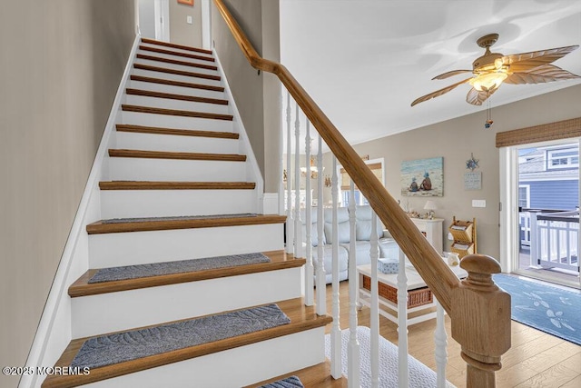 200 San Fernando Dr, Lavallette, NJ 08735 - stairs with wood finished floors, a ceiling fan, and crown molding
