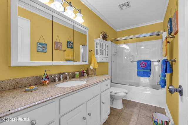 200 San Fernando Dr, Lavallette, NJ 08735 - full bath with ornamental molding, vanity, toilet, shower / bath combination with glass door, and tile patterned flooring