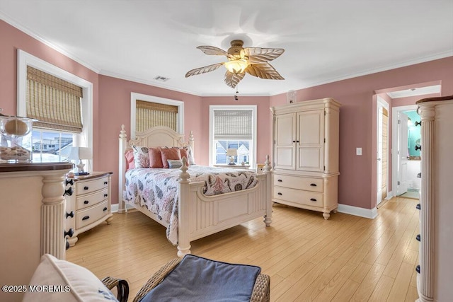 200 San Fernando Dr, Lavallette, NJ 08735 - bedroom featuring baseboards, ornamental molding, light wood-type flooring, and ceiling fan