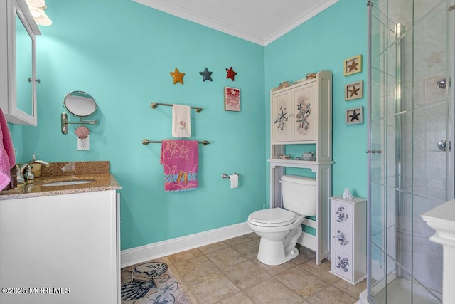 200 San Fernando Dr, Lavallette, NJ 08735 - full bathroom featuring toilet, baseboards, a shower stall, vanity, and crown molding