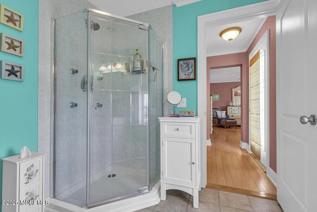 200 San Fernando Dr, Lavallette, NJ 08735 - bathroom with ensuite bathroom, a stall shower, and crown molding