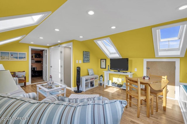 200 San Fernando Dr, Lavallette, NJ 08735 - living room with a skylight, light wood-style floors, lofted ceiling, baseboards, and recessed lighting