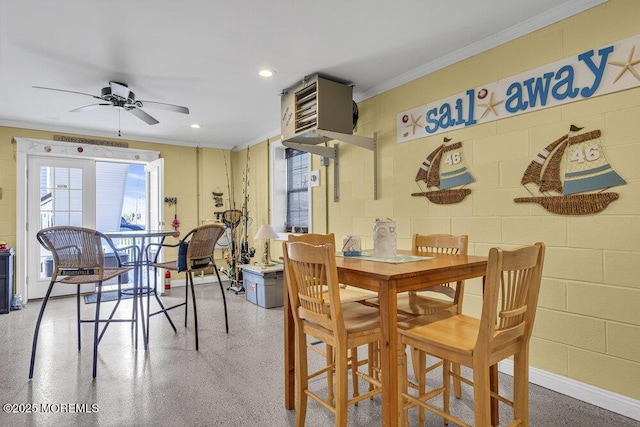 200 San Fernando Dr, Lavallette, NJ 08735 - dining room with ornamental molding, a ceiling fan, and recessed lighting